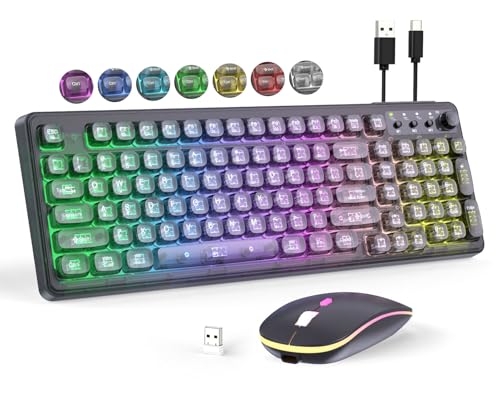 Wireless Keyboard and Mouse Combo Rechargeable, Light Up Transparent Backlit Keyboard with 15 LED Lighting Effects, Volume Knob, RGB Mouse, 2.4GHz Wireless for PC Laptop Desktop, Black - color: K04 Black