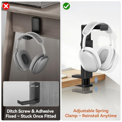 Headphone Stand & Hanger for Desk, 2 in 1 Above & Under Desk Gaming Headset Holder Mount with Height Adjustable & Rotating Clamp, Dual-sided Anti-slip Pad Earphone Rack with Clamp Headset Stand - size: 1 Hooks