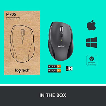 Logitech M705 Marathon Full Size 2.4 GHz Wireless Mouse - Black | Hyper-fast wheel, USB-A Nano Receiver, 5 customizable buttons, Windows Mac Linux compatible, certified for Chrome - style: M705