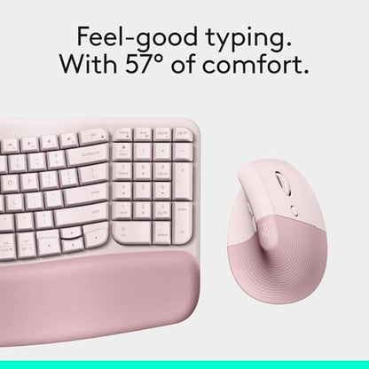 Logitech Wave Keys & Lift Vertical Mouse - Ergonomic Wireless Keyboard and Mouse Combo - with Cushioned Palm Rest, Easy-Switch, Bluetooth, for Multi-OS, Windows/Mac - Rose - color: Rose, style: Right-Handed