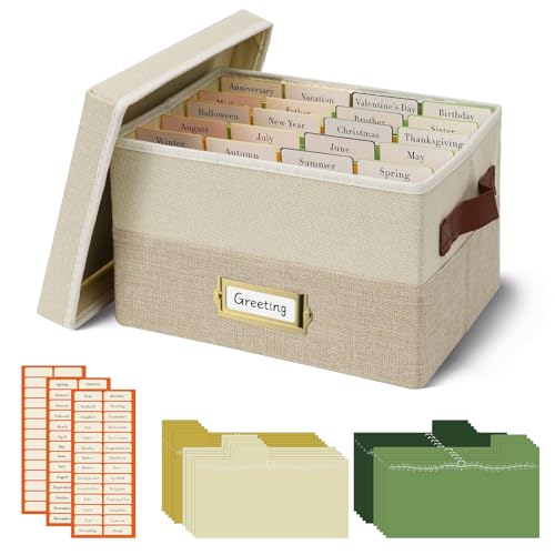 Vienrose Greeting Card Organizer Box with 20 Removable Dividers, 84 Labels, Foldable Storage Box Great for Greeting Cards, Photos, Envelopes, Stickers, Postcards, Beige&Khaki - color: Beige&Khaki