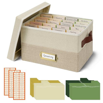 Vienrose Greeting Card Organizer Box with 20 Removable Dividers, 84 Labels, Foldable Storage Box Great for Greeting Cards, Photos, Envelopes, Stickers, Postcards, Beige&Khaki - color: Beige&Khaki