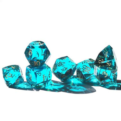 Crystal Multifaceted Polyhedral Dice Set 7 PCS for DND, RPG Tabletop Gaming, Collectors | Tinbox Packing, Gemstone Effect Dice (Aquamarine) - color: Aquamarine
