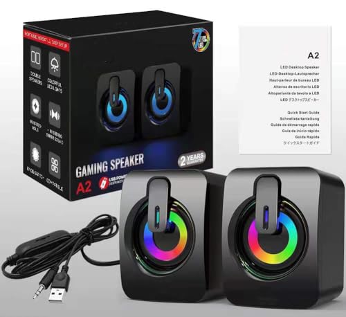 USB Computer/Laptop Speakers,Portable Mini Soundbar for Windows PCs, Desktop Computer with Stereo Sound & Enhanced Bass,7 Lighting Modes, 2 Bass-Boost Ports, 2 Speaker Units,Easy Volume Control