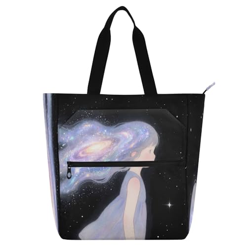 Waterproof Piano Bag for Lessons Cat Flower Crown Music Tote with Zipper Pockets for Sheet Music & Books - color: Cute Character With Galaxy Hair Dark