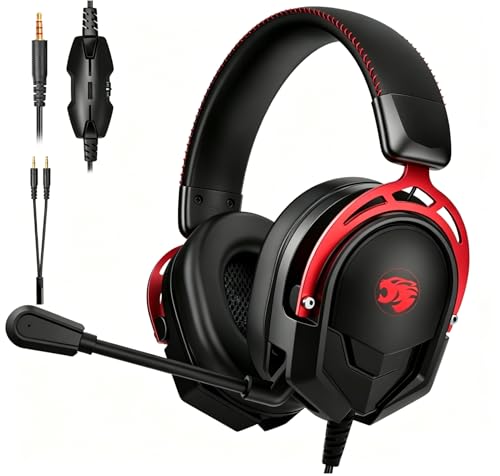 K98 Gaming Headset with Mic, Wired Over Ear Headphones for PC, PS5, PS4, Xbox One, 50mm Stereo Surround Sound, Aluminum Frame, Memory Foam Ear Cushions, Noise Cancelling Mic (Black/Red) - color: Black