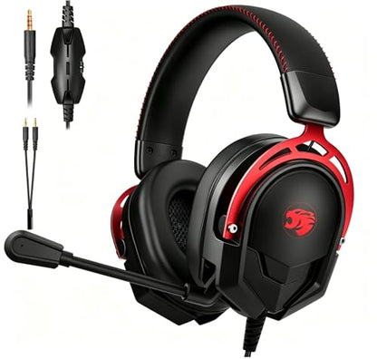 K98 Gaming Headset with Mic, Wired Over Ear Headphones for PC, PS5, PS4, Xbox One, 50mm Stereo Surround Sound, Aluminum Frame, Memory Foam Ear Cushions, Noise Cancelling Mic (Black/Red) - color: Black