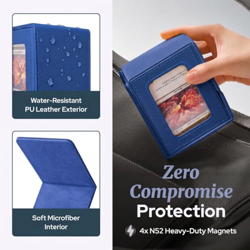 Commander Deck Box MTG 100 Card Holder with Display Window Blue | PU leather, 4 N52 magnets, fits 100 double-sleeved cards, display window, durable, portable, secure closure - color: Blue, size: 110+