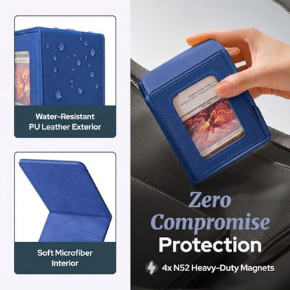 Commander Deck Box MTG 100 Card Holder with Display Window Blue | PU leather, 4 N52 magnets, fits 100 double-sleeved cards, display window, durable, portable, secure closure - color: Blue, size: 110+
