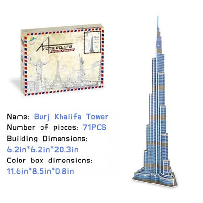 Architecture World Famous of 3D Puzzle.Build Your Own Collection of 17 Global Landmarks (Notre Dame, Colosseum) - Educational DIY Model Kit for Kids & Adults. (Burj Khalifa Tower) - color: Burj Khalifa Tower