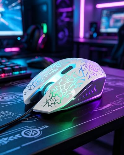 Wired RGB Gaming Mouse, Ergonomic Optical Mouse with 4-Level DPI (800/1200/1600/2400), 7-Color Breathing Backlight, 8 Million Clicks Switches, Plug and Play for Laptop Desktop PC Mac Windows MacOS