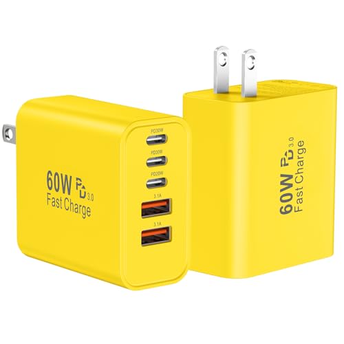 USB C Fast Wall Charger Block, 2Pack 60W USBC Charging Cubes, 5-Port PD+QC Power Adapter Multiport Brick Type C Box Plug for Phone 16/15/14/13/12/11/Pro Max/Plus, Pad Mini/Pro/S25/S24-Yellow - color: Yellow