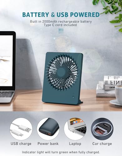 Zuvas Desk Fan Small Rechargeable Battery Table Fans for travel Ultra Quiet | 180° Tilt Folding, LED Dislay, Portable Fan Slim Design, 3 Speed Adjustable, for Office Bedroom Desktop, Cruise Essentials - color: Deep Green