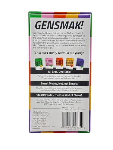 GENSMAK! Trivia Party Game for Adults & Families Multi-Generational Trivia Card Game for Game Night Funny Trivia with Hints 2-8+ Players Ages 10+