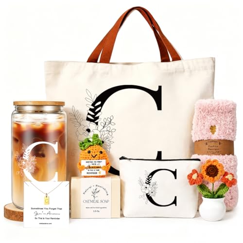 DHQH Birthday Gifts for Women, Monogrammed Gifts Box Included 16 oz Initial Glass Drinking Cup,Canvas Tote Bag, Personalized Iced Coffee Tumbler Gift for Women Her Mom Teacher Friends Sister, C - color: letter-cup-c