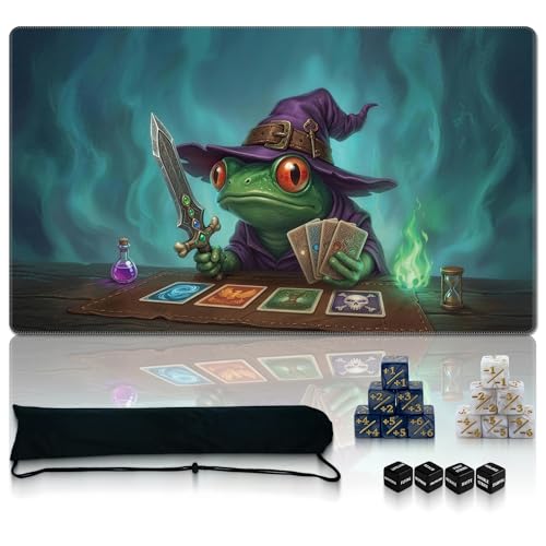 Ultimate TCG Battle Set: 24"x14" Stitched Fantasy Playmat, 16 Dice & Carry Bag – Non-Slip 2mm Rubber Card Game Mat for Trading Card Games (Frog Duelist, Classic Series) - color: Frog Duelist, size: CLASSIC SERIES