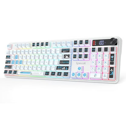 Redragon K526 PRO RGB Wireless Membrane Gaming Keyboard, 104 Keys Mechanical-Feel Keyboard w/LED Info Display, Media/Backlit Knob Control, Smooth Linear Switch & Software Supported - color: White
