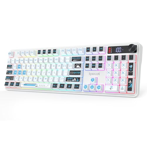 Redragon K526 PRO RGB Wireless Membrane Gaming Keyboard, 104 Keys Mechanical-Feel Keyboard w/LED Info Display, Media/Backlit Knob Control, Smooth Linear Switch & Software Supported - color: White