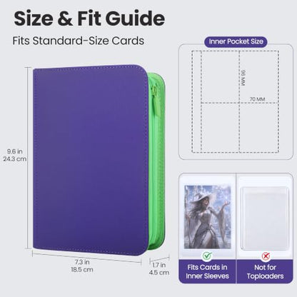 4 Pocket Trading Card Binder, Ringless Card Binder with Zipper for TCG and Sport Cards Collections, Holds 160 Cards with Side-Loading Pages, Purple & Neon Green - color: 2.Purple & Neon Green - 4 Pocket - 160 Slots