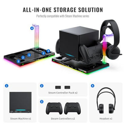 Stand and Cooling Station with RGB Lighting,Controller Charging Station Compatible with Steam Machine, Headset Holders