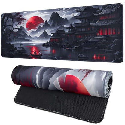FreeNook Large Gaming Mouse Pad, Anime Black Mousepad with Stitched Edges, Expanded Cool Desk Mat, Japanese Red Moon XL Keyboard Mat Suitable for Home Office,31.5 X 11.8 Inch - color: RedMoon, size: 31.5L x 11.8W inches