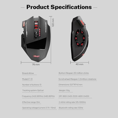 Wireless Gaming Mouse, RGB Dual Mode Bluetooth Mouse Up 24,000 DPI, 13 Macro Programmable Buttons, Optical Computer Mouse 50Hrs for PC Laptop MOBA FPS, PMW-3311, Comfort Grip (Black)