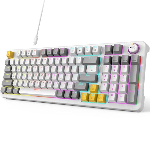 GEEZER AK96 Mechanical Gaming Keyboard, Pre-Lubed Red Switches, 96 Keys Full Size with LED Colorful Backlit, Clicky Creamy Sound, USB Wired Computer Keyboard with Volume Knob for PC, Mac, Windows