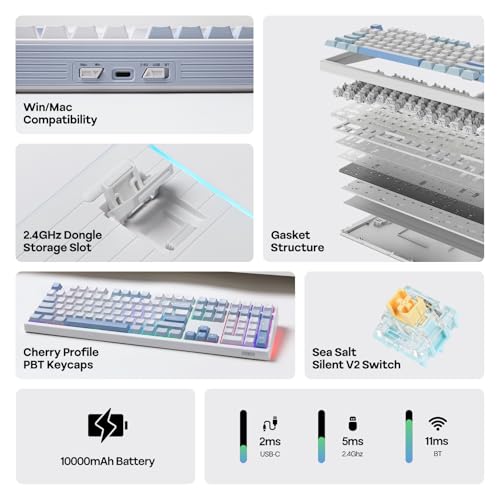 EPOMAKER TH108 Full Size Mechanical Keyboard, Wireless Gaming Keyboard with 8000mAh Battery, Creamy Gasket, 108 Keys, Hot Swap, Custom Driver, RGB Backlight (Blue&White, Sea Salt Silent) - color: Blue&White, size: Sea Salt Silent