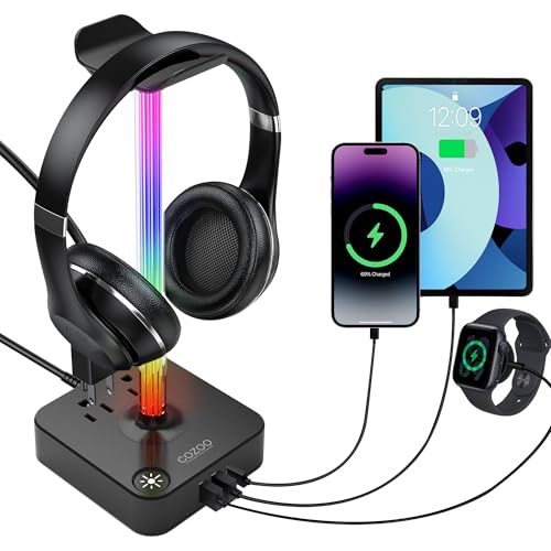 RGB Headphone Stand with USB Charger COZOO Desktop Gaming Headset Holder Hanger with 3 USB Charger and 2 Outlets - Great for Gaming, DJ, Wireless Earphone Display,Gamer PC Accessories Boyfriend Gifts | Gaming Headset Stand Holder for Desk, 3 USB(1 USB C)