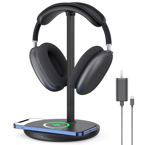 Headphone Stand with Wireless Charger, Gaming Headset Holder Hanger Rack 2 IN 1 Wireless Charging Station Dock for iPhone 15/14/13/12/11 Series, Samsung, AirPods Pro/3/2 and Desk All Headphones, Black - color: A-Black