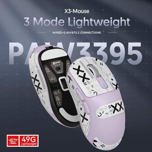 ATTACK SHARK X3 Wireless Gaming Mouse, 49g Bluetooth/2.4G/USB-C Ergonomic Computer Mouse, PAW3395 26K DPI Sensor, 200h Battery Life, Programmable Buttons, Gaming Accessories for PC/Laptop/Mac - color: Lavender & Griptape