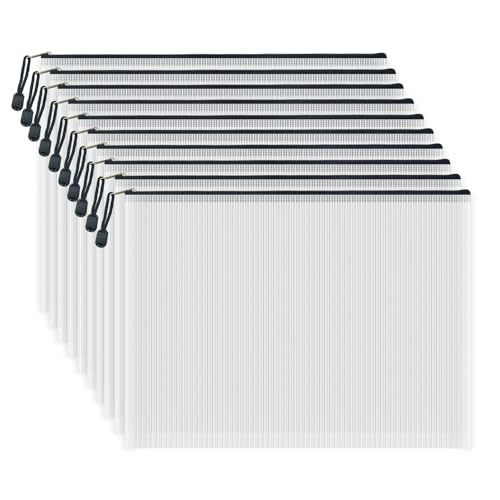 10 Pcs Zipper File Bags, Waterproof Plastic Mesh Pouch for Office School, Board Game Storage Bags (B4 Size 15''x11'', White and Black) - color: White and Black, size: B4 Size 15 x 11 inch