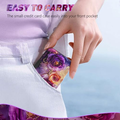 Credit Card Holder, Business Card Case Mini RFID Small Aluminum Card Wallet | Blocking Slim Metal RFID Blocking Front Pocket Wallet Hard Case Durable CC Holder for Women Girl, Purple Marble Flower - color: Purple Marble Flower