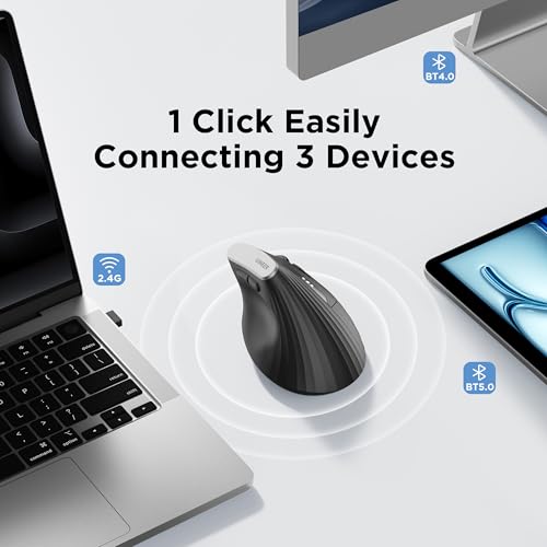 Uineer Vertical Ergonomic Mouse, Wireless Bluetooth Mouse, 3-Device,Quiet | Switch among 3 devices; side scroll wheel supports horizontal navigation for documents and spreadsheets. - color: Black