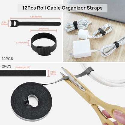 Cable Management Kit - 4 Cable Sleeve, 57 Self Adhesive Cable Clips, 12 Hanging Strips, 12 Cable Organizer Straps and 100 Fastening Cable Ties for TV Computer Under Desk (Black and White) - color: Black