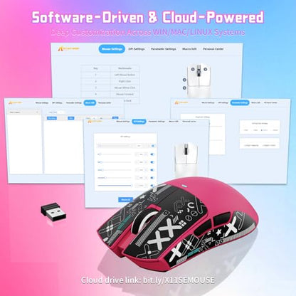 ATTACK SHARK X11SE Wireless Gaming Mouse, 59g Lightweight, Magenta&Tape | Bluetooth/2.4Ghz Wireless/Wired Connectivity, 22K DPI, PixArt PAW3311 Gaming Sensor, 1K Polling Gamer Mice for PC/Mac - color: Magenta&Tape