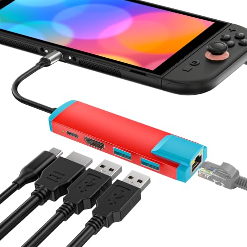 USB C to HD Adapter for Switch 2/OLED/Steam Deck,Replacement for Official Switch/OLED Dock,USB C Docking Station with 4K@60Hz HD Port/Type C Port/USB 3.0 Port/1000M LAN - color: Red, size: LAN Model