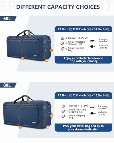 Gonex Large Foldable Travel Duffle Bag with Shoes Compartment, Packable Lightweight Water Repellent Duffel Bag for Camping Gym Weekender Bag - color: Dark Blue, size: 80L