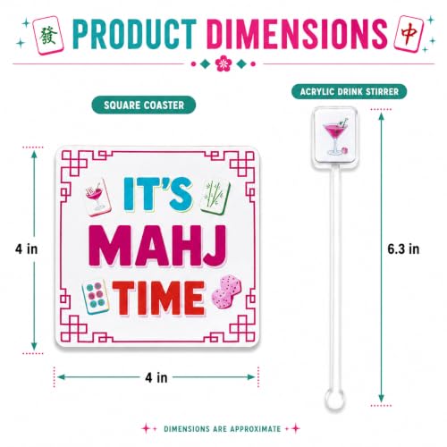 Mahjong Coasters and Drink Stirrers Set, 16-Piece Mahjong Accessories with 8 Square 4-Inch Coasters and 8 Acrylic Cocktail Swizzle Sticks, Gifts for Women and Game Night.