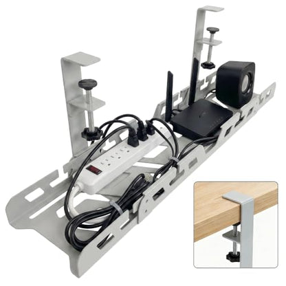 Under Desk Cable Management Tray 15.4-26 Inches Bidirectional Extendable Metal Cable Organizer with Clamp Mount, No Drill Wire Management System for Home Office & Gaming Desk(Light Gray) - color: light gray