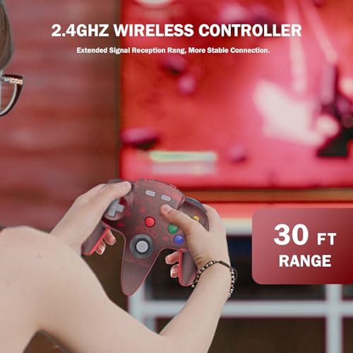 KIWITATA N64 Wireless Controller for Switch Games, 2.4GHZ Rechargeable N64 Remote Joystick Wireless Gamepad Controller Compatible with N64 System, Raspberry Pi, MAC,PC Windows 7,8,10,11 Clear Red - color: Clear red