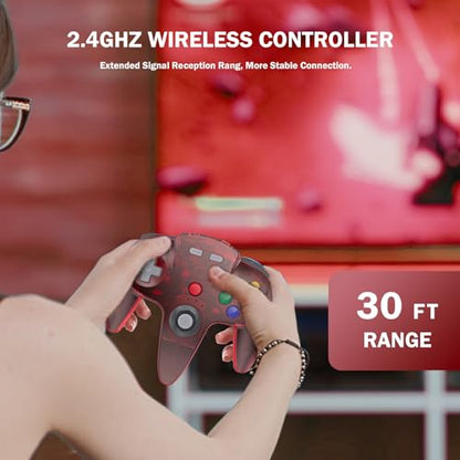 KIWITATA N64 Wireless Controller for Switch Games, 2.4GHZ Rechargeable N64 Remote Joystick Wireless Gamepad Controller Compatible with N64 System, Raspberry Pi, MAC,PC Windows 7,8,10,11 Clear Red - color: Clear red