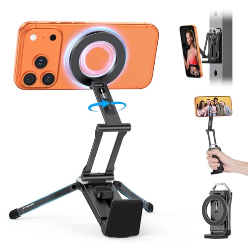 OMOTON TP02 [360° Rotating] Stable Clip Magnetic Phone Tripod for iPhone 17 | Aluminum Cell Phone Stand, Back Magnet Base, Fold 3-Adjustment, Women Men Gift, Fits Vlog, Gym, Travel Essentials Accessories - color: 1-Black