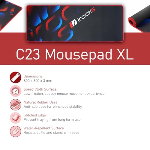iRocks C23 Extended Gaming Mouse Pad, Table Pad, Desk Mat, Waterproof, Durable Surface, Compatible with All Mice – 31.5” x 11.81”