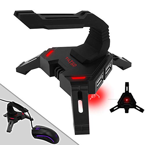 Tilted Nation Gaming Mouse Bungee Cord Holder with 4 Port USB Hub For PC & XBOX Wired Mice - Pro Esports Drag-Free Cable Management - Red LED