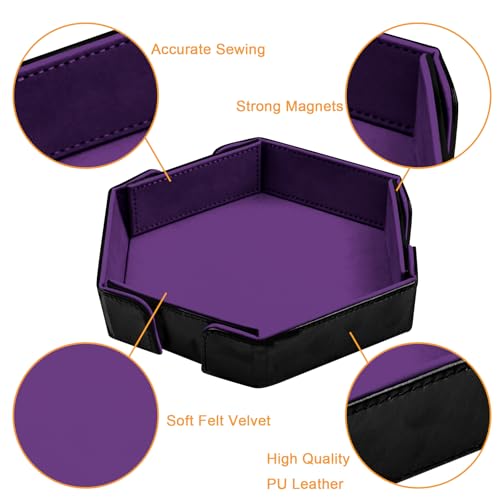 SIQUK Magnetic Folding Dice Tray Hexagon Dice Rolling Tray PU Leather Dice Trays Foldable Dice Holder Dice Rolling Mat Storage Box for D&D RPG Dice Games, Violet - color: Violet