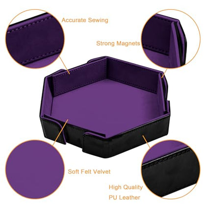 SIQUK Magnetic Folding Dice Tray Hexagon Dice Rolling Tray PU Leather Dice Trays Foldable Dice Holder Dice Rolling Mat Storage Box for D&D RPG Dice Games, Violet - color: Violet