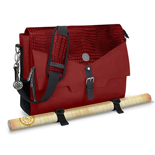 ENHANCE Collector's Edition RPG Player's Essentials DnD Bag - Dragon Hide Exterior Messenger Bag Fits 2-4 Books, Binders, Dice & Accessories, with 17 inch Laptop Slot, Battlemap Straps (Dragon Red) - color: Dragon Red