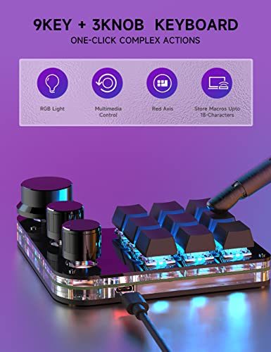 USB Mini Macro Mechanical Gaming Keyboard, Programming KeyPad with 3 Knobs, RGB LED KeyPad Macro Support One-Handed,OSU,One-Click Start DIY Hotkeys (9Key Wired) - color: 9Key Wired