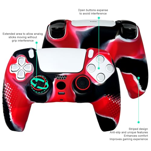 Anti-Slip Red&Black Controller Skin,Studded Edition Protective Silicone Cover Skin Grips Compatible with PS5/Slim/Pro Controller and 6 PCS Thumb Grips Caps. - color: Red & Black